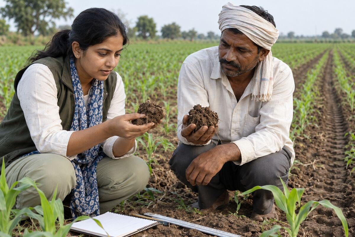 Farmer and agronomist comparing soil samples during soil compaction field checks